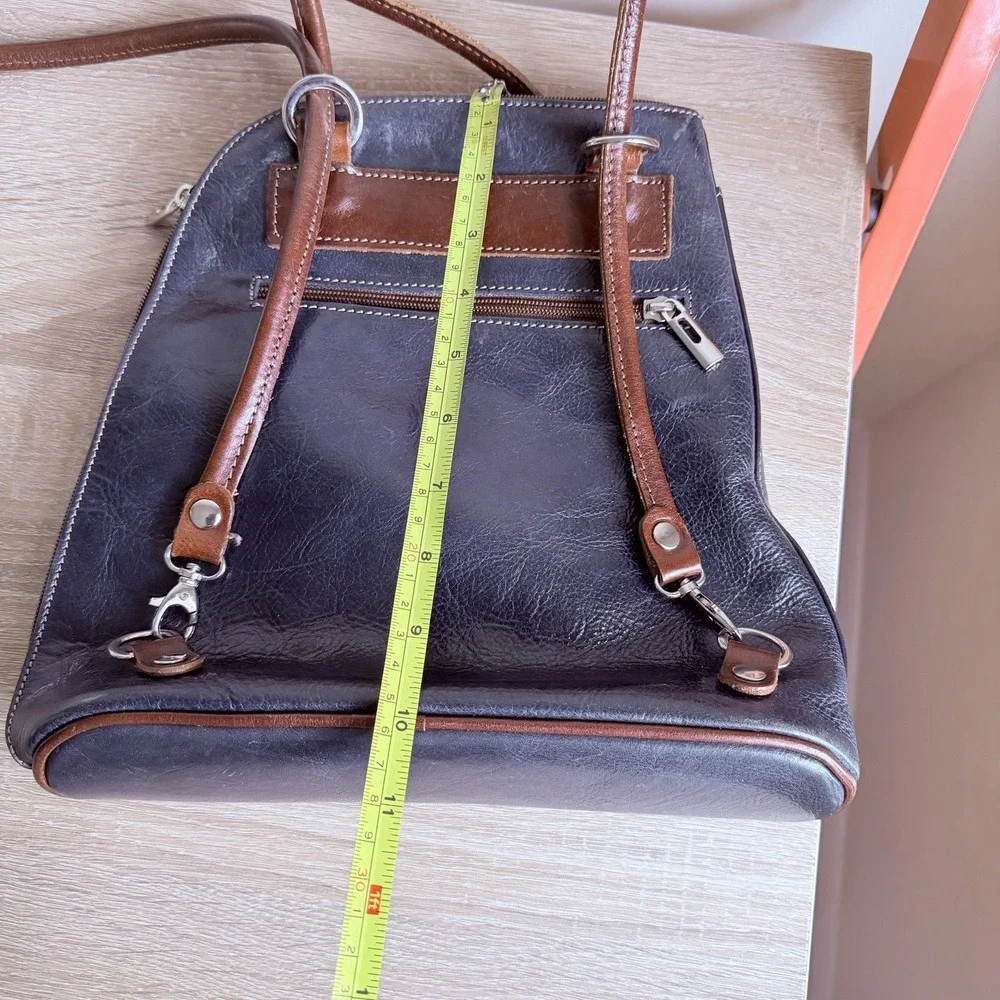 H Joe Stitched Leather Convertible Backpack Women's Navy‎ Brown Made in ITALY